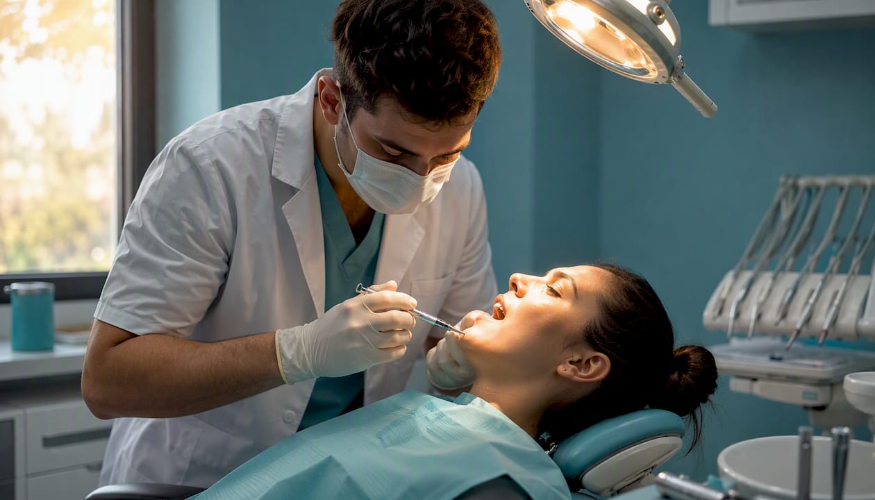 Il dentista sta somministrando un’anestesia locale all’interno della bocca del paziente.