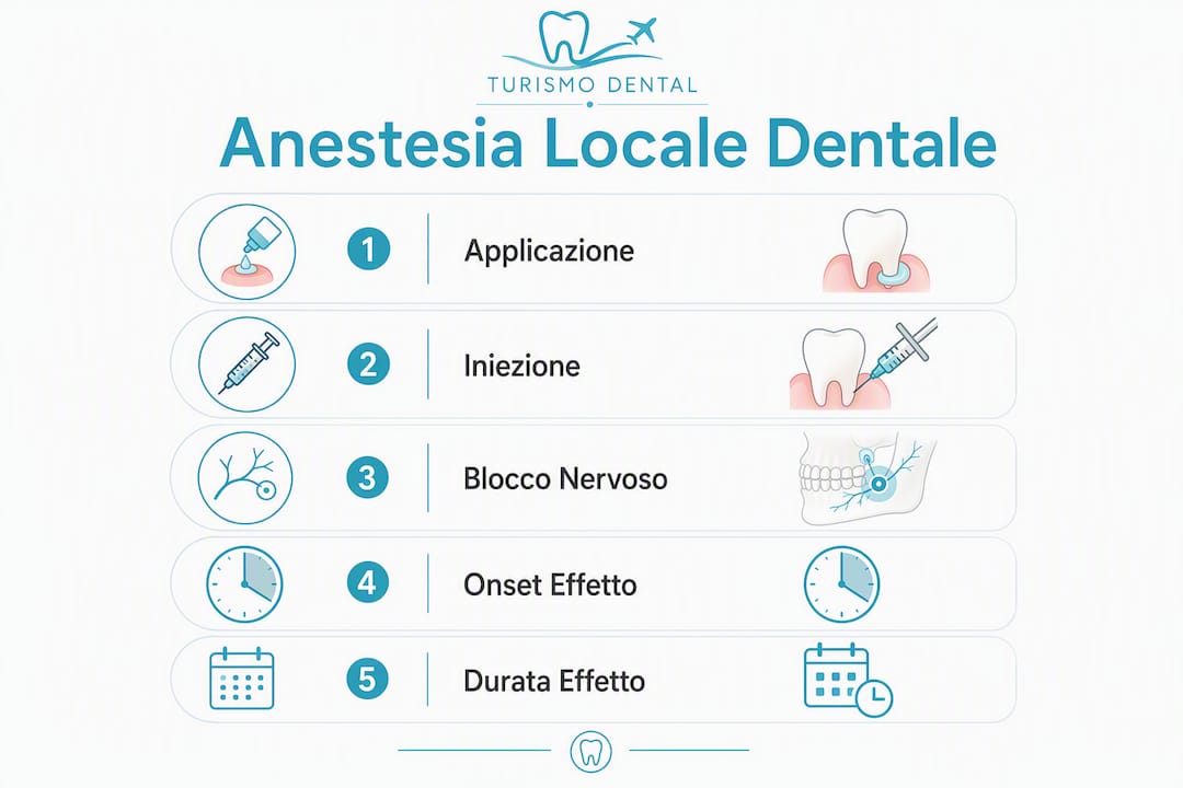 Infografica che mostra passo dopo passo le fasi dell’anestesia locale dal dentista
