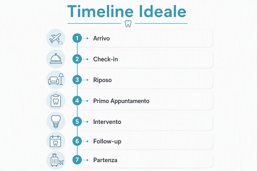 Infografica con la sequenza ideale di check-in e visite mediche a Tirana