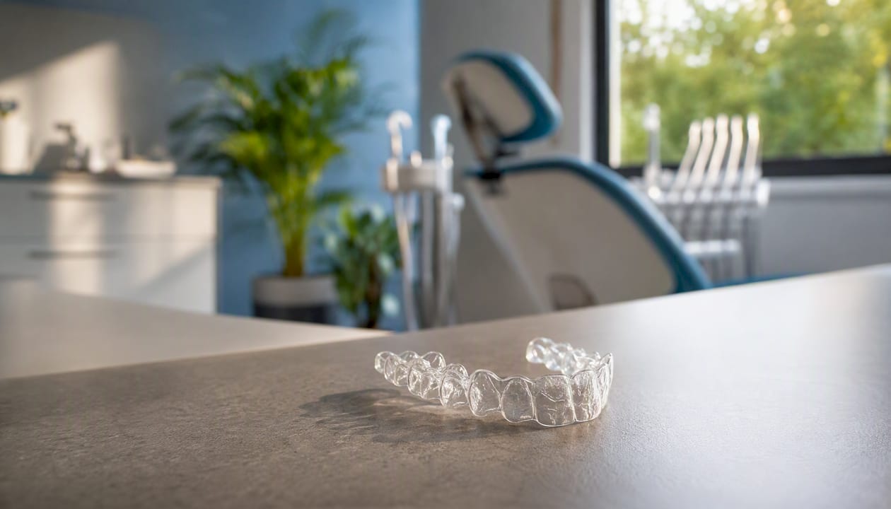 Mascherina trasparente per denti appoggiata su una superficie bianca