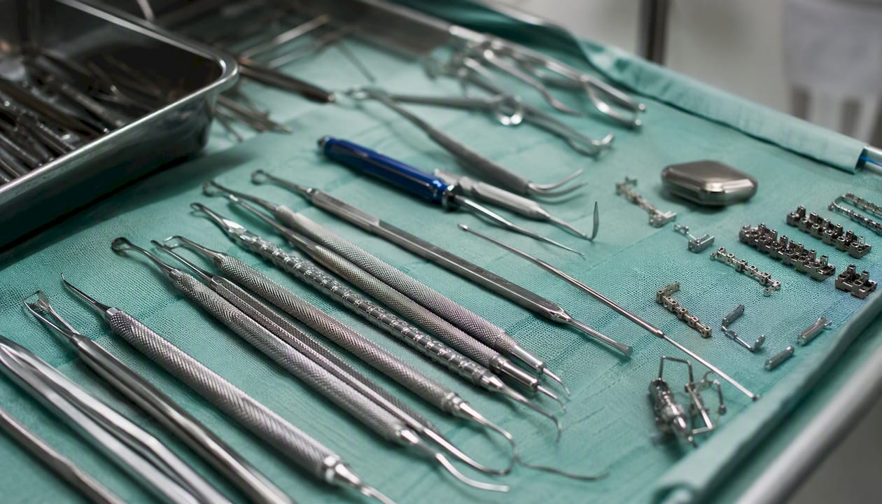 Strumenti per ortodonzia e chirurgia dentale disposti su un vassoio