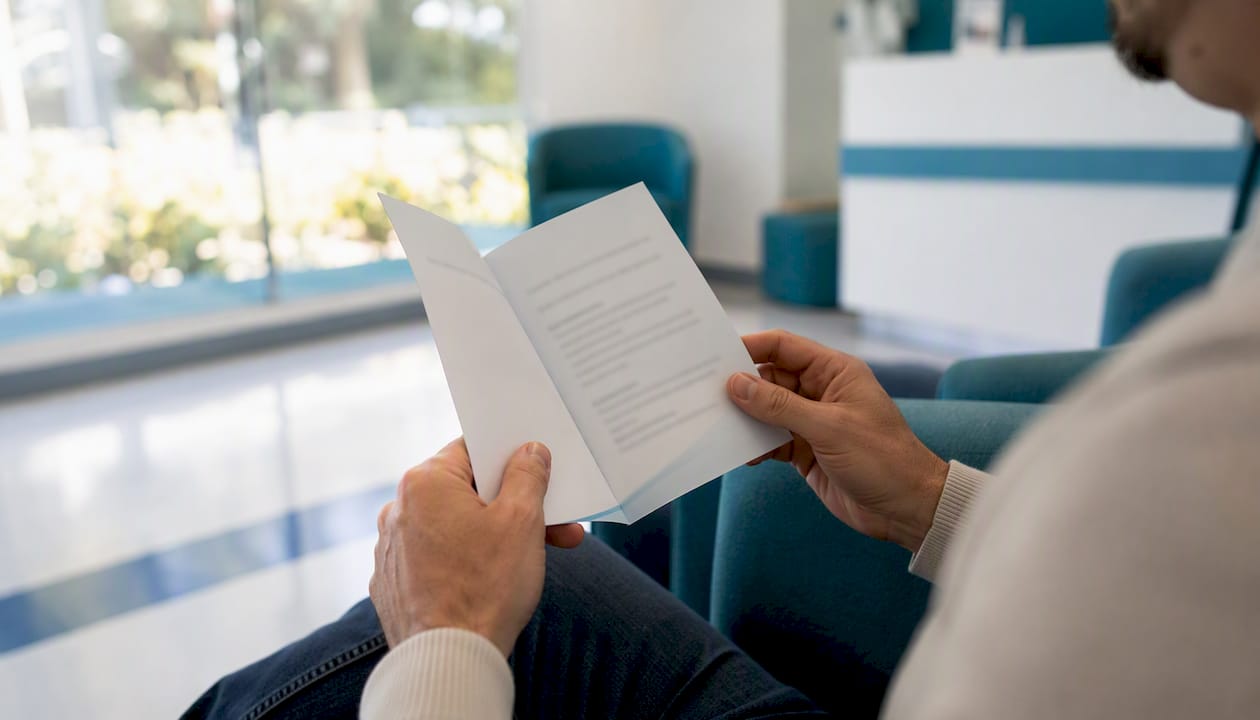 Mani che tengono un libretto di garanzia per cure dentali