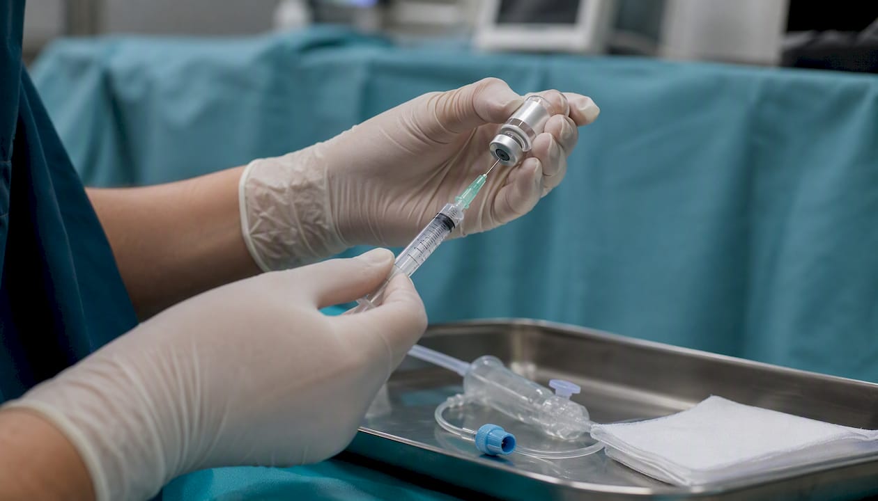 Operatori che si preparano alla somministrazione della sedazione endovenosa nello studio dentistico