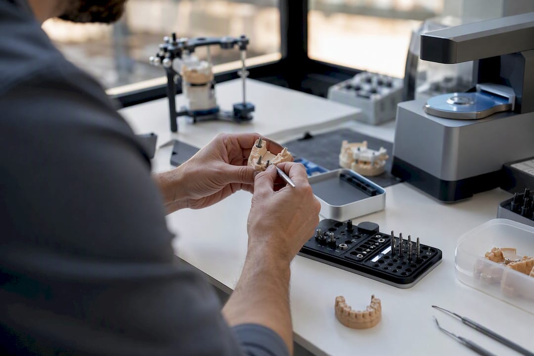 Mani che regolano un impianto dentale in laboratorio