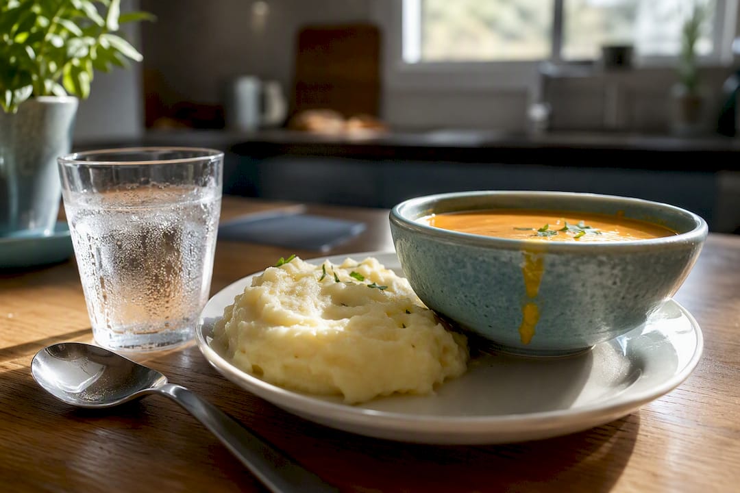 Pasto morbido con zuppa e acqua per una dieta contro la secchezza orale