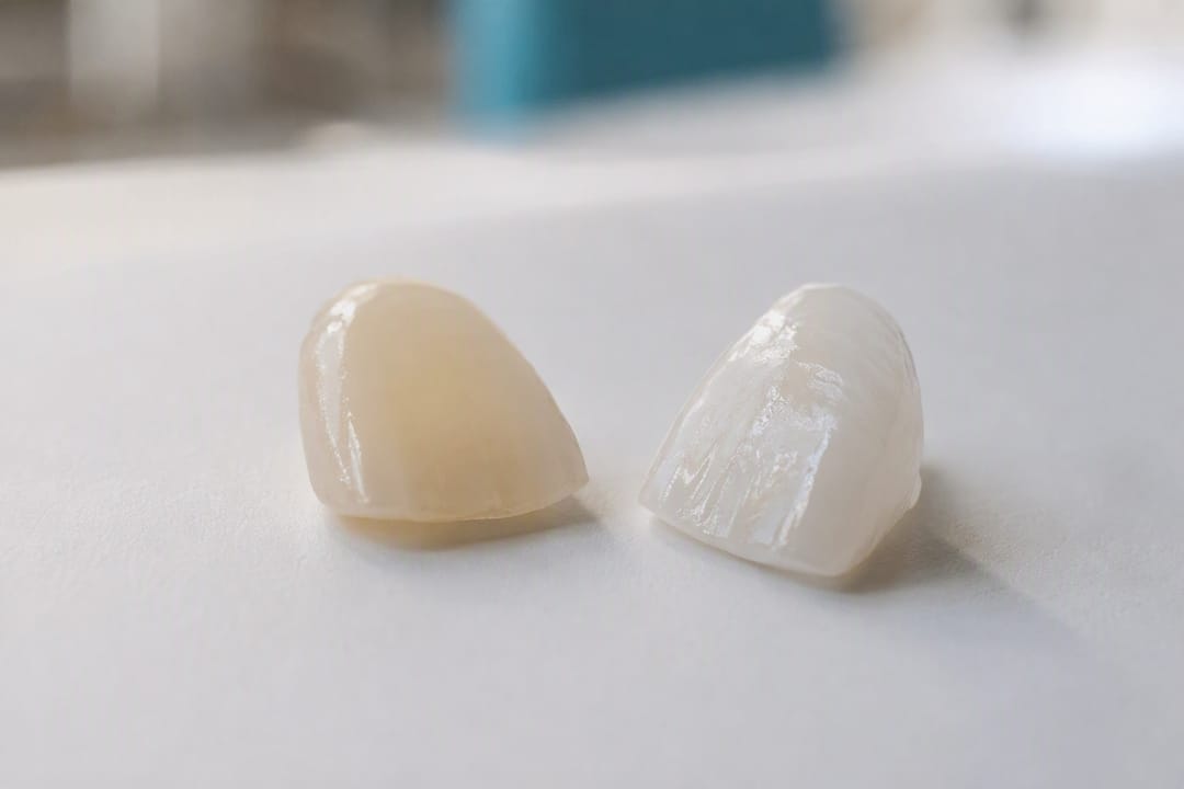 Confronto tra materiali per faccette dentali che evidenzia la traslucenza