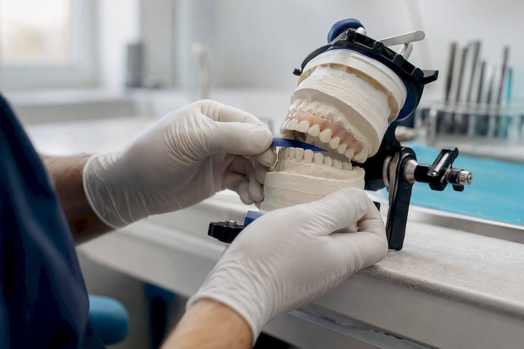 Le mani del dentista regolano l'occlusione con la carta articolare