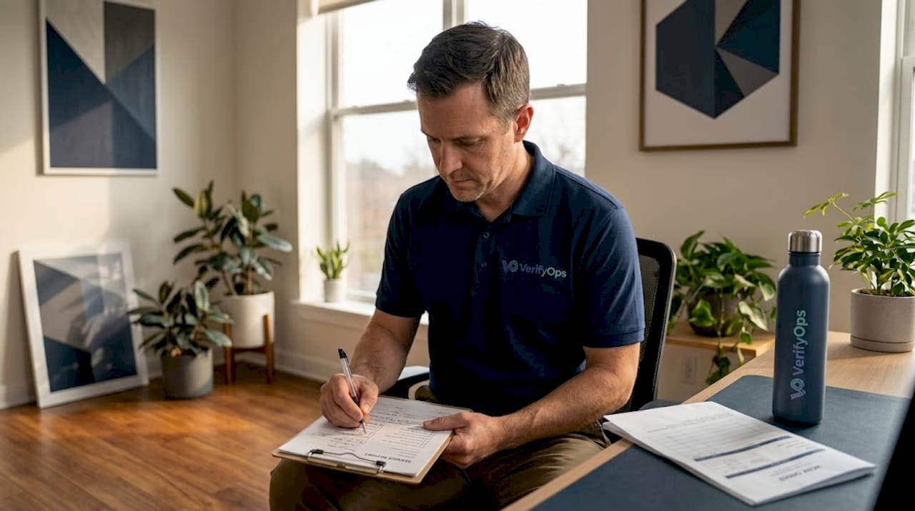 Technician filling out a service report at an office lobby desk