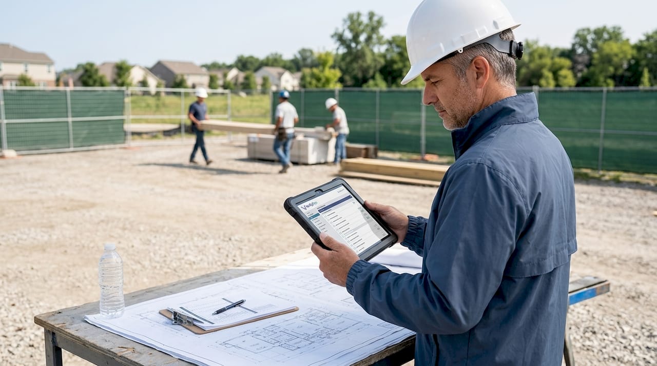 Manager checking a digital checklist on a tablet at a construction site