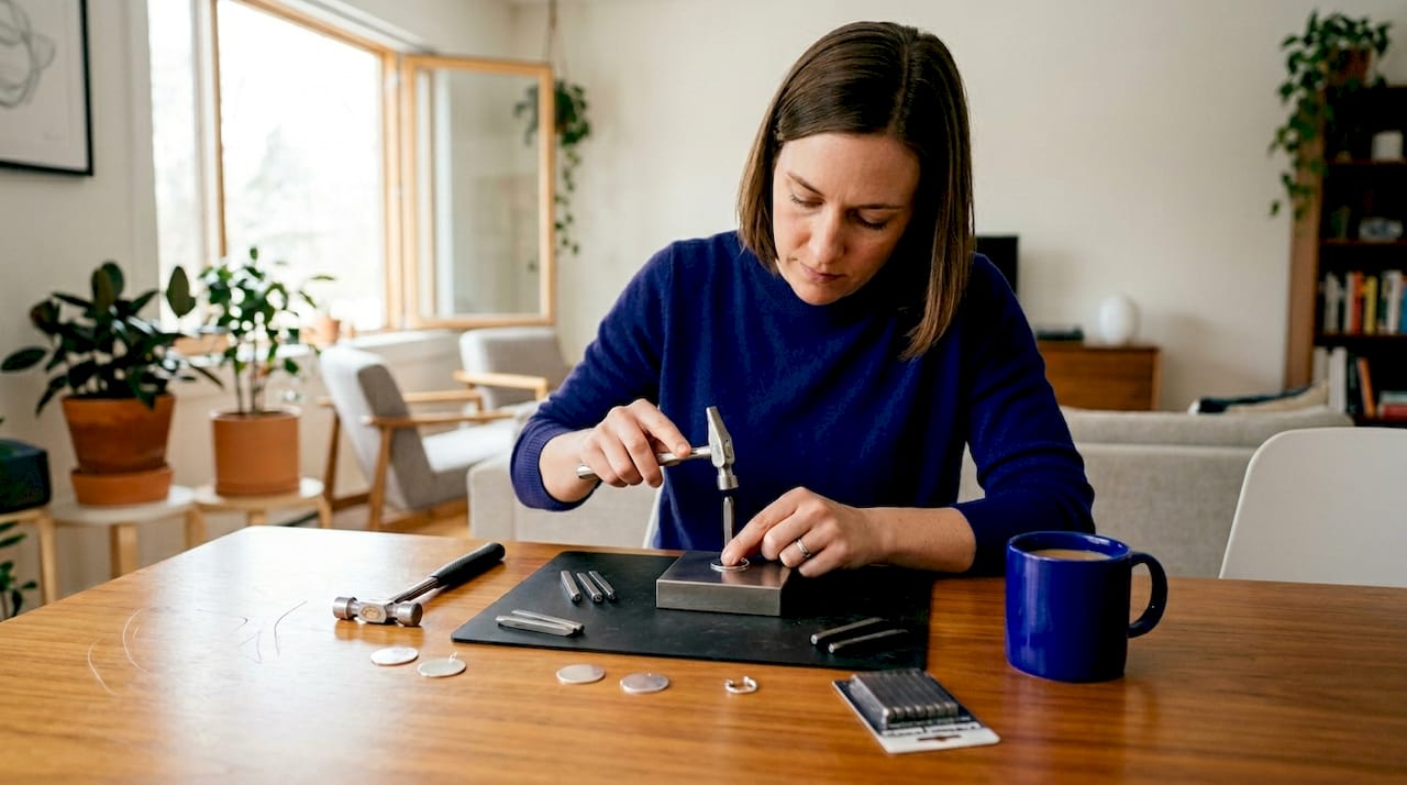 What Is Hand Stamped Jewelry: A Beginner's Guide Jewelry maker hand stamping pendant at home