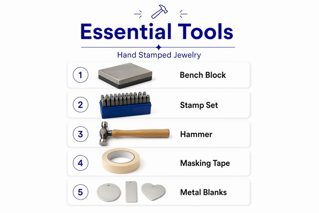 What Is Hand Stamped Jewelry: A Beginner's Guide Infographic showing essential hand stamping tools