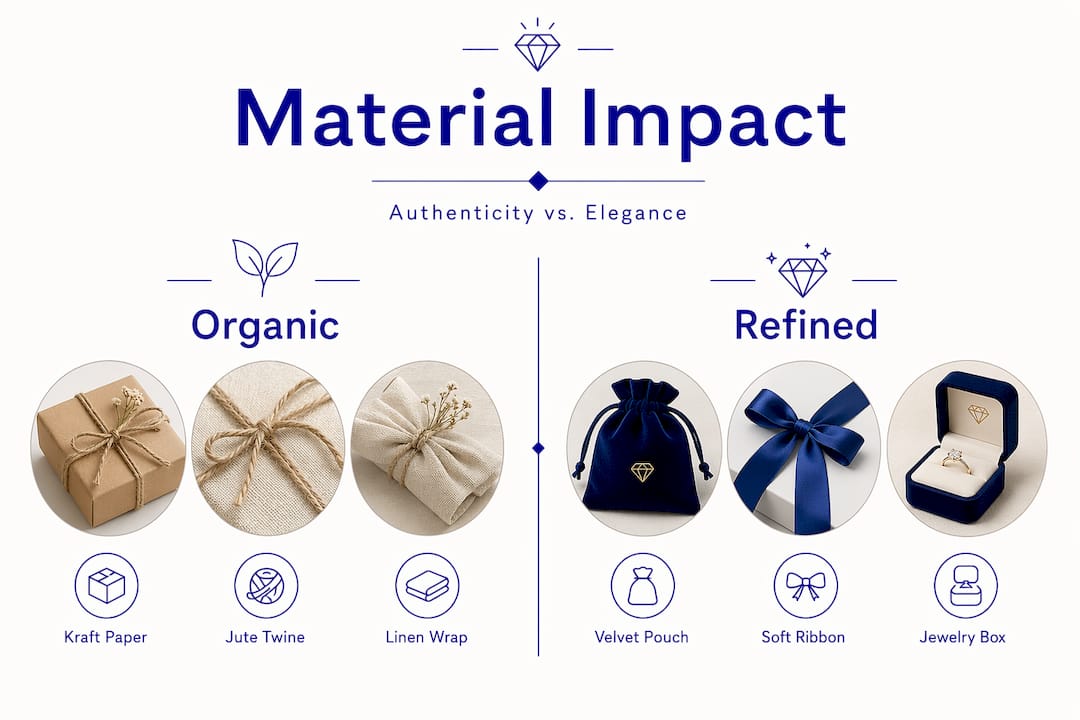How to Wrap Handmade Jewelry for Gifting Beautifully Infographic comparing organic and refined wrapping materials