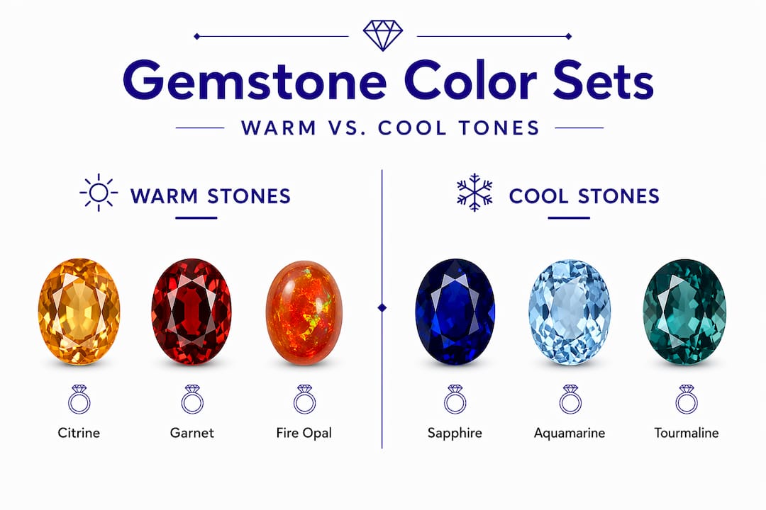 Gemstone Jewelry Outfit Pairing: Style It Right Infographic comparing warm and cool gemstone sets