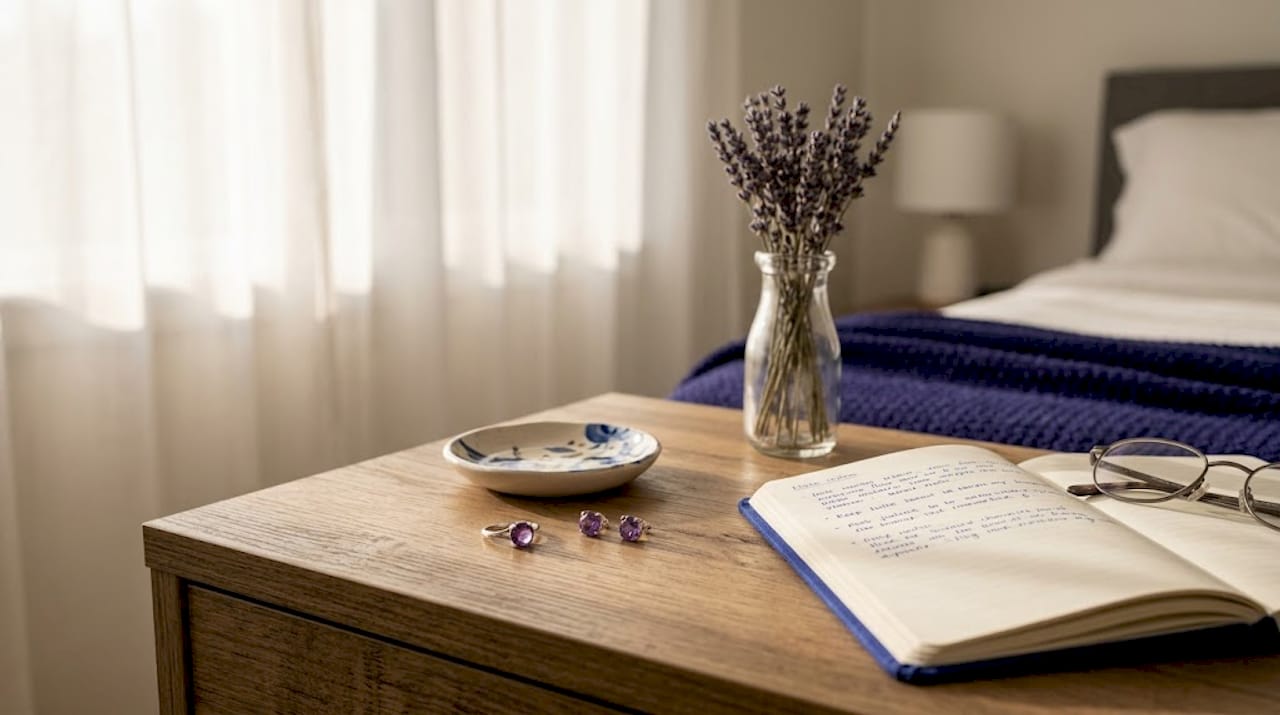 Affordable Gemstone Jewelry Types That Look Expensive Amethyst ring and earrings on bedroom vanity