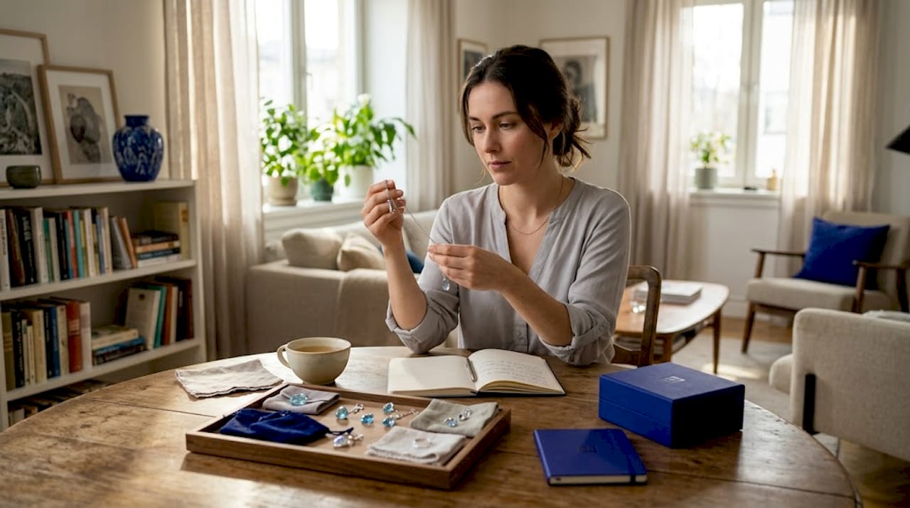 Affordable Gemstone Jewelry Types That Look Expensive Woman examines affordable gemstone jewelry at home table