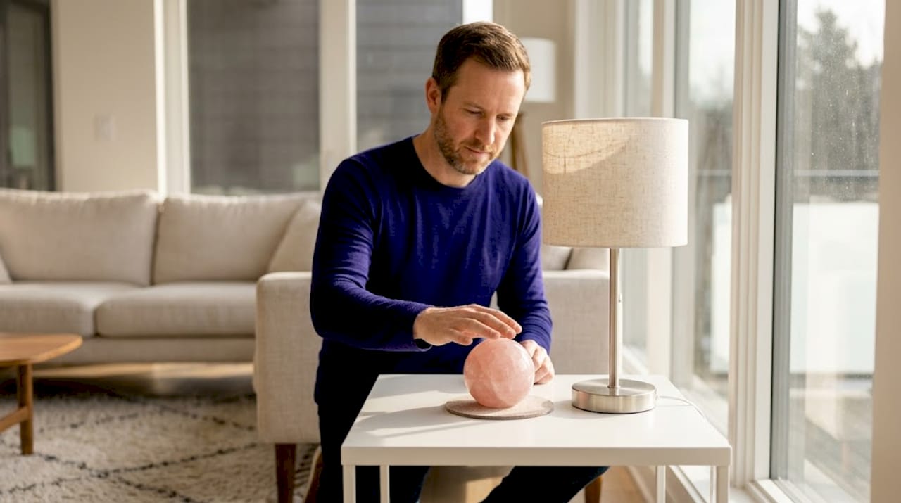 What Is Gemstone Home Decor? A Stylist's Guide Man positioning gemstone decor near lamp