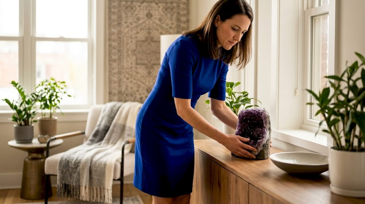 What Is Gemstone Home Decor? A Stylist's Guide Woman arranging gemstone decor in living room