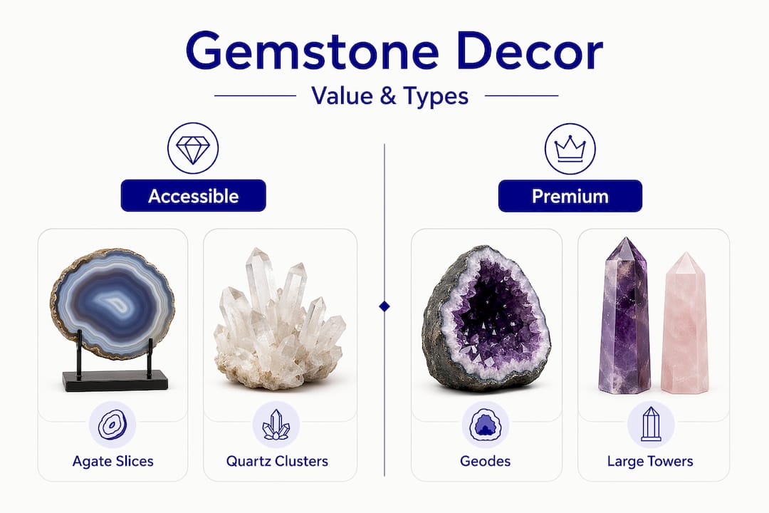 What Is Gemstone Home Decor? A Stylist's Guide Infographic comparing accessible and premium gemstone decor