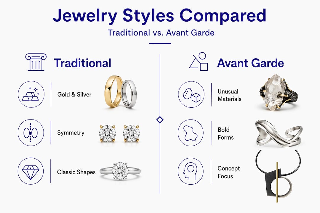 What Is Avant Garde Jewelry? A Collector's Guide Infographic comparing traditional and avant garde jewelry