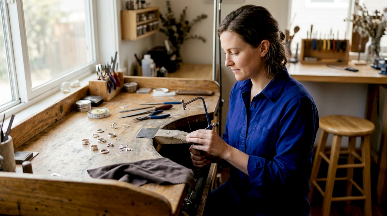 What Is Hand Fabricated Jewelry? Craftsmanship Explained Artisan sawing silver at cluttered jewelry workbench