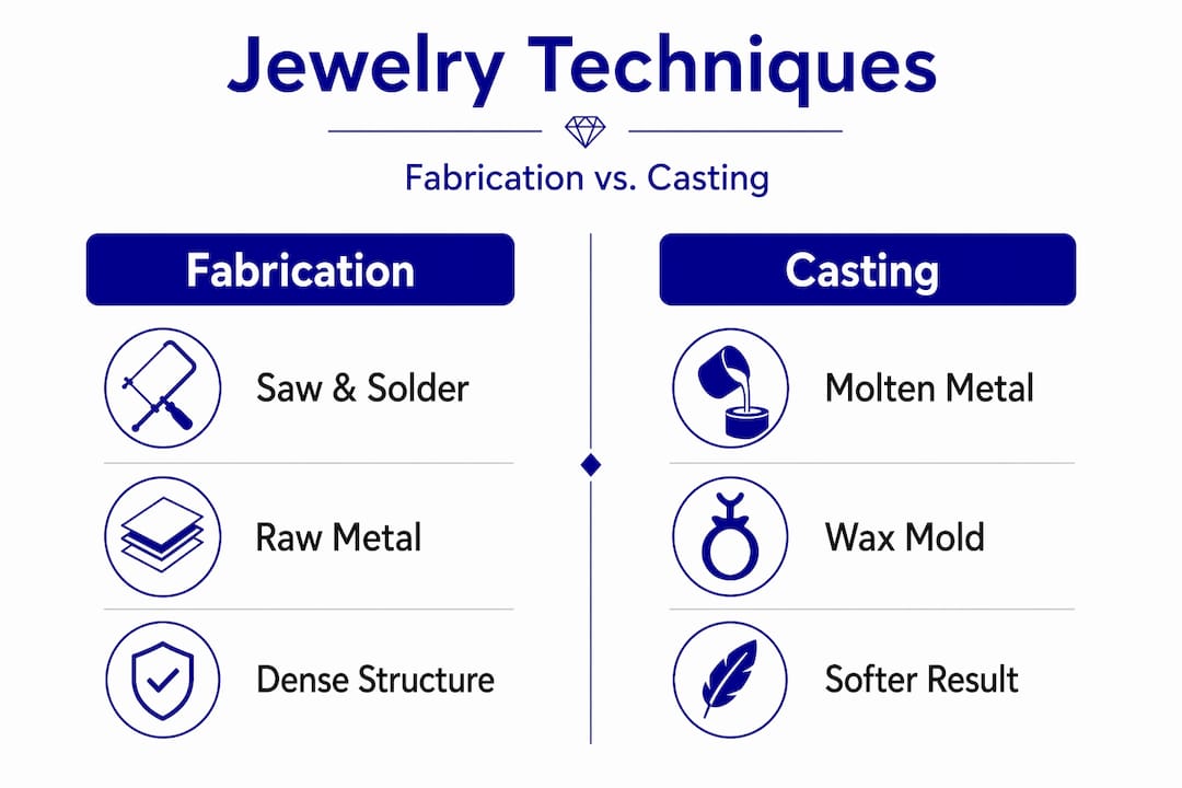 What Is Hand Fabricated Jewelry? Craftsmanship Explained Infographic comparing fabrication and casting in jewelry