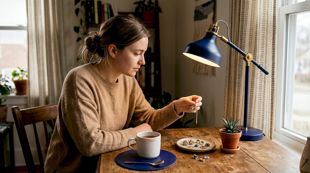 What Is Gemstone Cluster Jewelry: Style Guide Woman examines gemstone cluster pendant at home