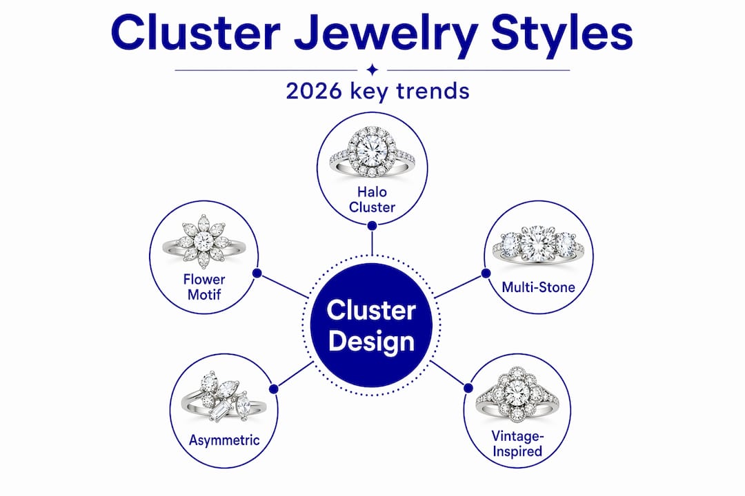 What Is Gemstone Cluster Jewelry: Style Guide Cluster jewelry style hierarchy infographic