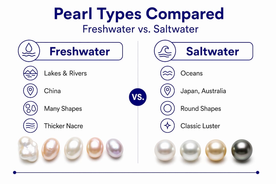 Different Types of Pearls: Your Complete Visual Guide Infographic comparing freshwater and saltwater pearls