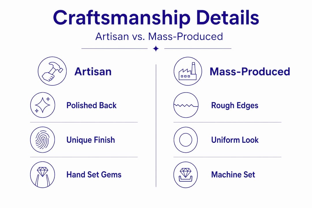 How to Appreciate Artisan Jewelry Craftsmanship Details Infographic comparing artisan and mass-produced jewelry features