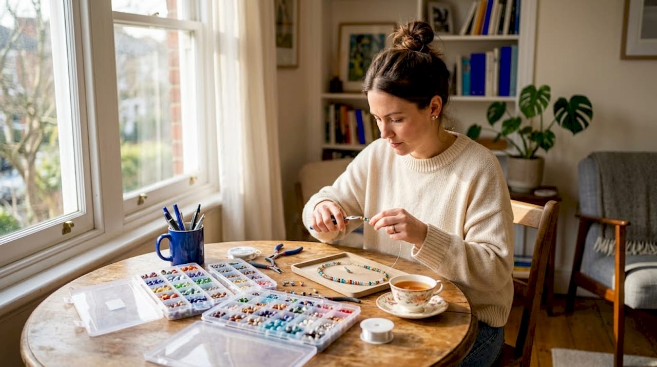 Handcrafted Jewelry Making Techniques for DIY Creators DIY jewelry maker stringing beads at home