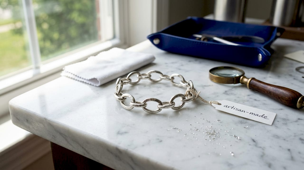 How to Identify Truly Handcrafted Jewelry Pieces Close up of handmade silver bracelet details