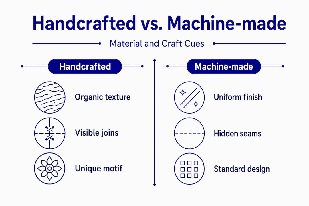 How to Identify Truly Handcrafted Jewelry Pieces Infographic comparing handcrafted and machine-made jewelry