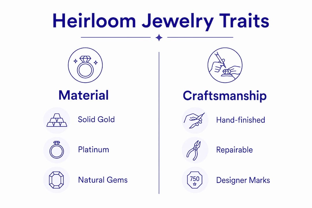 What Is Heirloom Quality Jewelry? A Buyer's Guide Infographic showing key heirloom jewelry characteristics