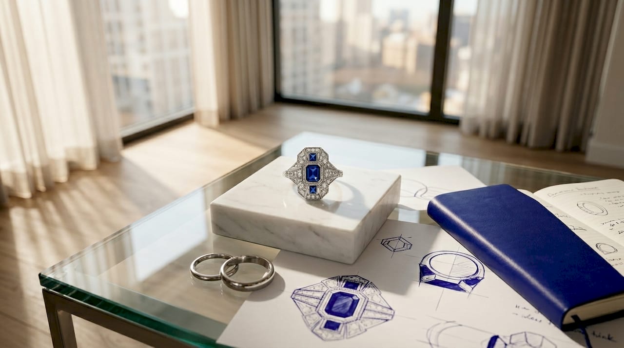 Close-up of vintage Art Deco sapphire and diamond ring