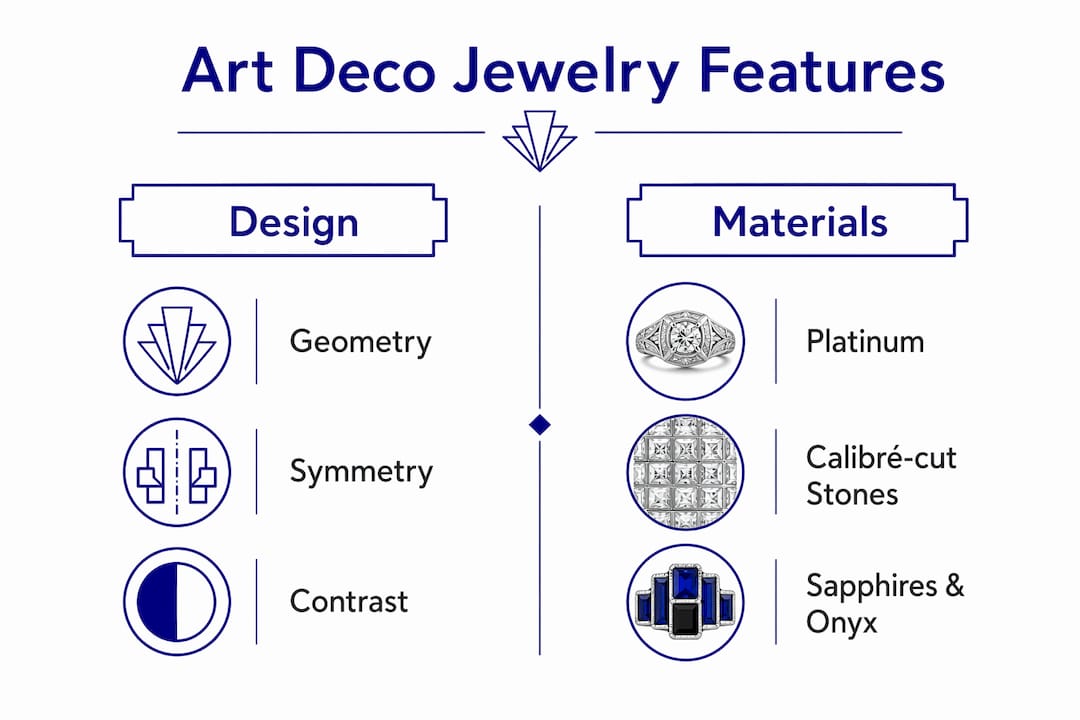 Infographic comparing design and materials in Art Deco jewelry