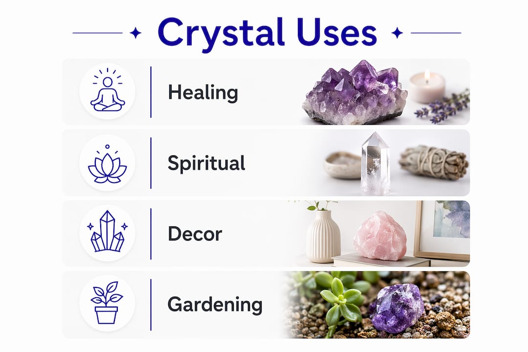 Crystal Uses: A Guide to Healing, Decor, and Spirit Infographic showing main crystal use categories