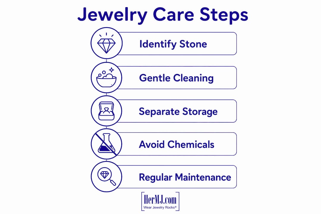 How to Care for Handmade Gemstone Jewelry Infographic on steps to care for gemstone jewelry