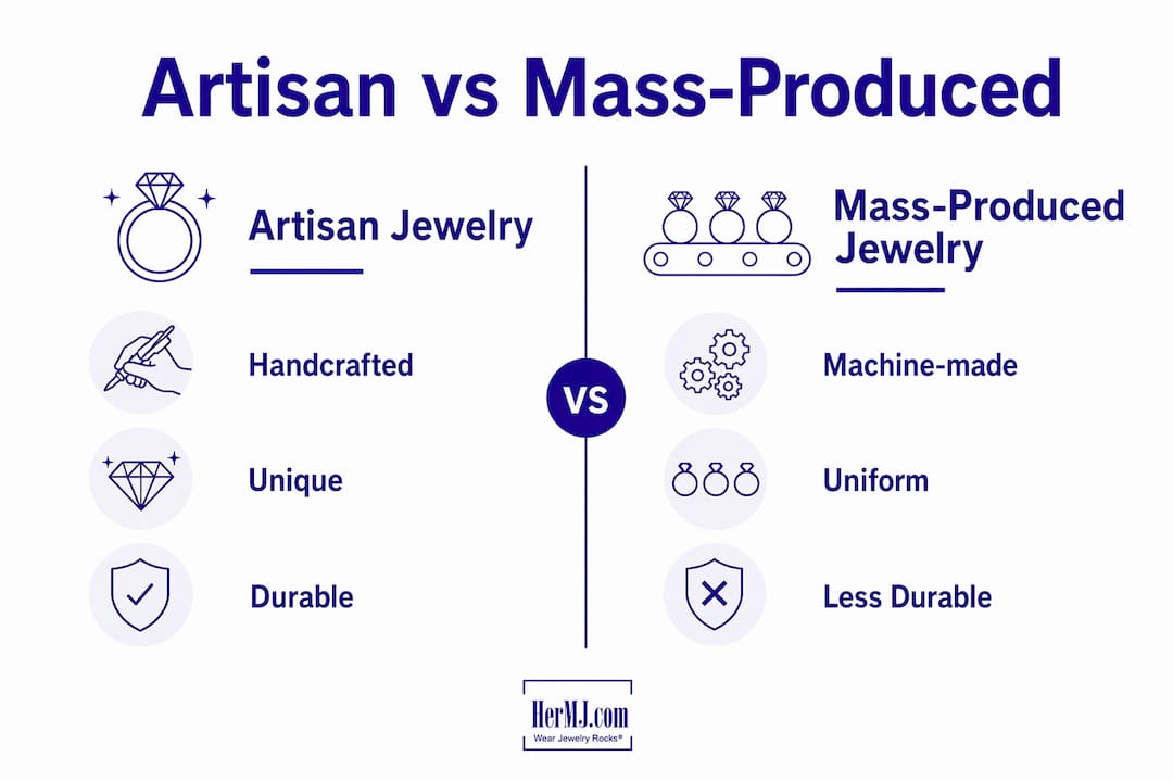 What Is Artisan Jewelry? Craftsmanship and Value Explained Infographic comparing artisan and mass-produced jewelry characteristics