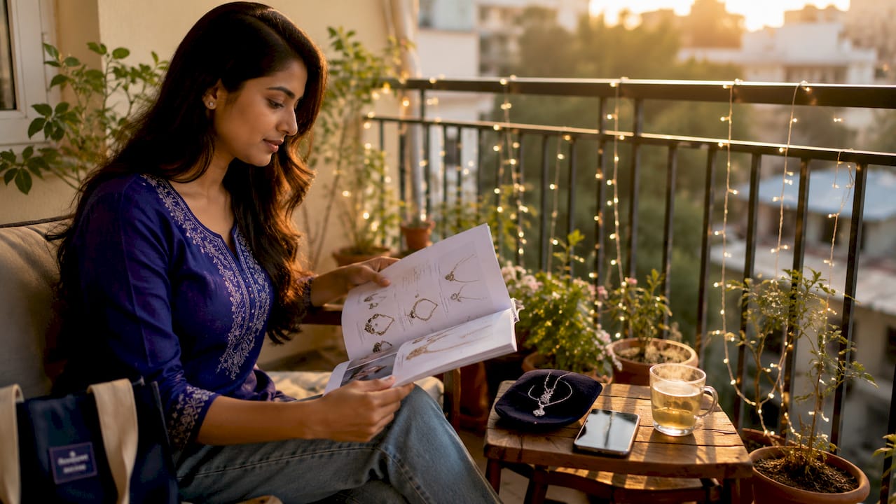 Customize Jewelry Gifts for Her: A Meaningful Guide Woman reviewing custom jewelry catalog at home