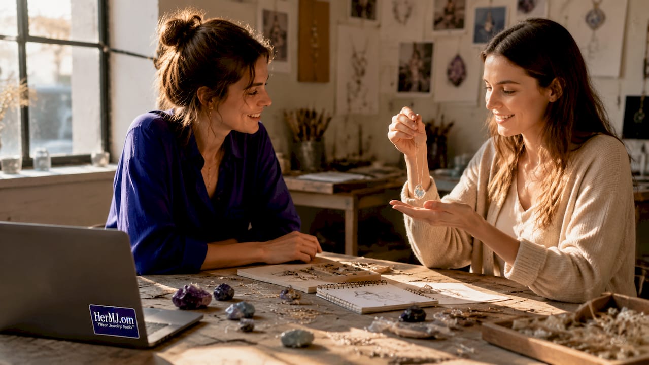 What Is Bespoke Jewelry? Your Complete Annual Guide Jewelry designer consulting client with sketches and gems