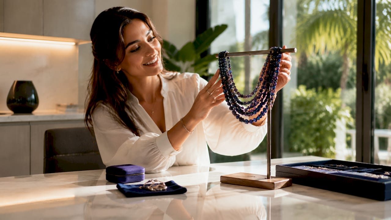 Types of Jewelry Statement Pieces: Annual Style Guide Woman choosing a statement necklace at vanity