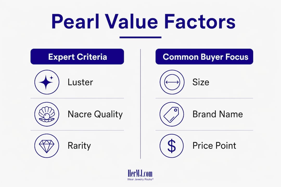 Why Pearl Jewelry Is Undervalued: What Buyers Miss Infographic comparing expert criteria and buyer focus in pearl value