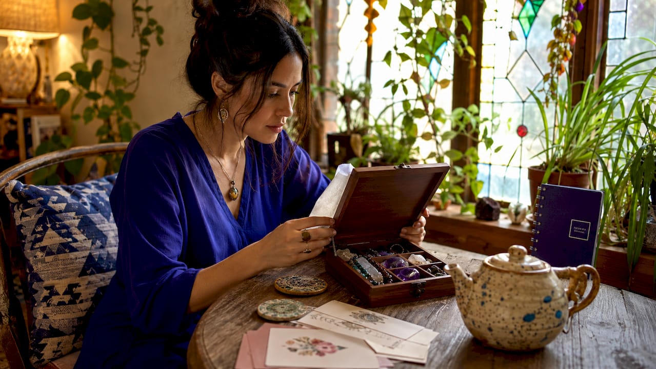 Gemstone Jewelry Gifts for a New Home: Annual Guide Woman examining gemstone jewelry gift in living room
