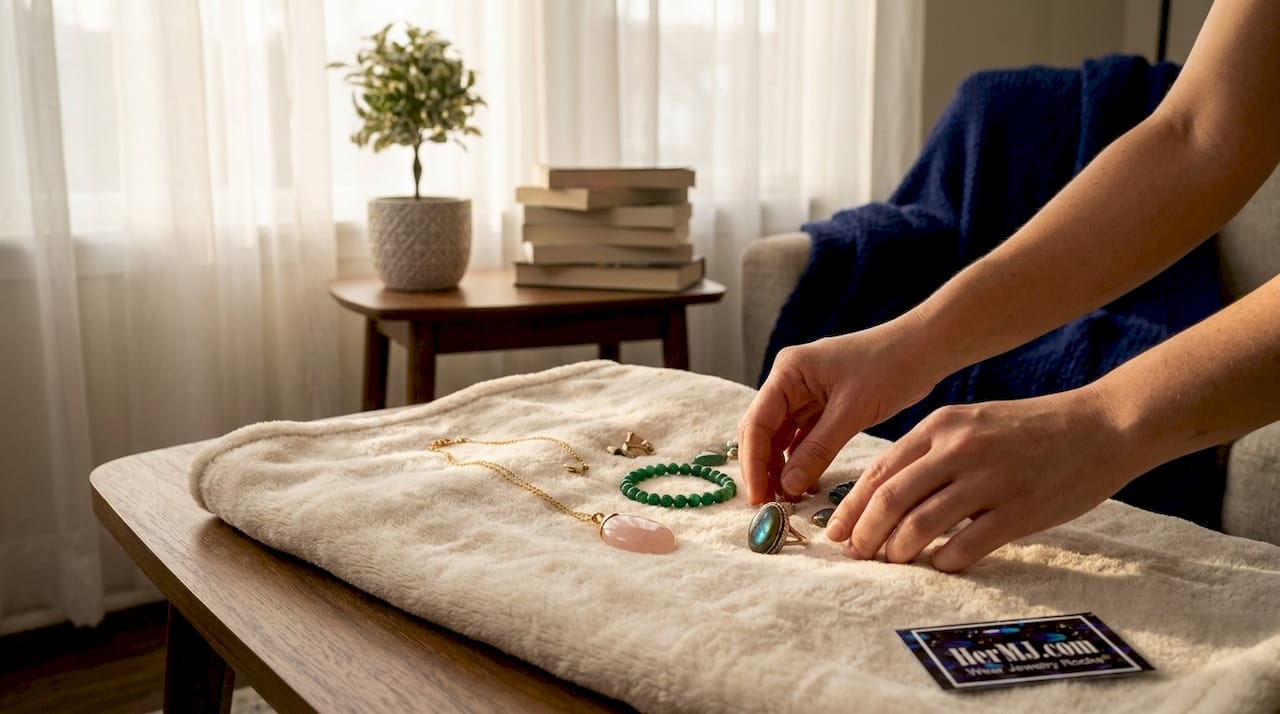 Gemstone Jewelry Gifts for a New Home: Annual Guide Hands holding symbolic gemstone jewelry on wooden table