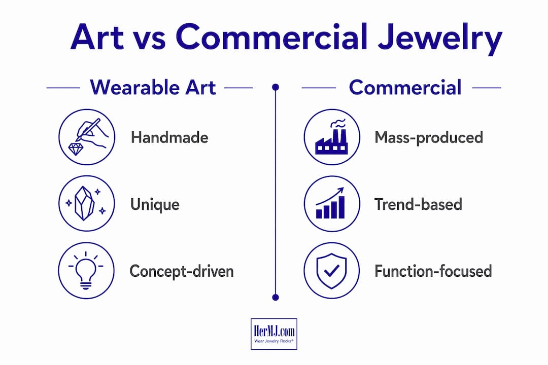What Is Wearable Art Jewelry? A Guide to Artistic Style Infographic comparing wearable art jewelry and commercial jewelry