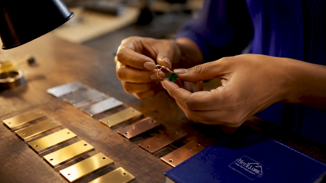 What Is a Custom Gemstone Piece? Your Complete Guide Hands comparing metals and gemstone close-up