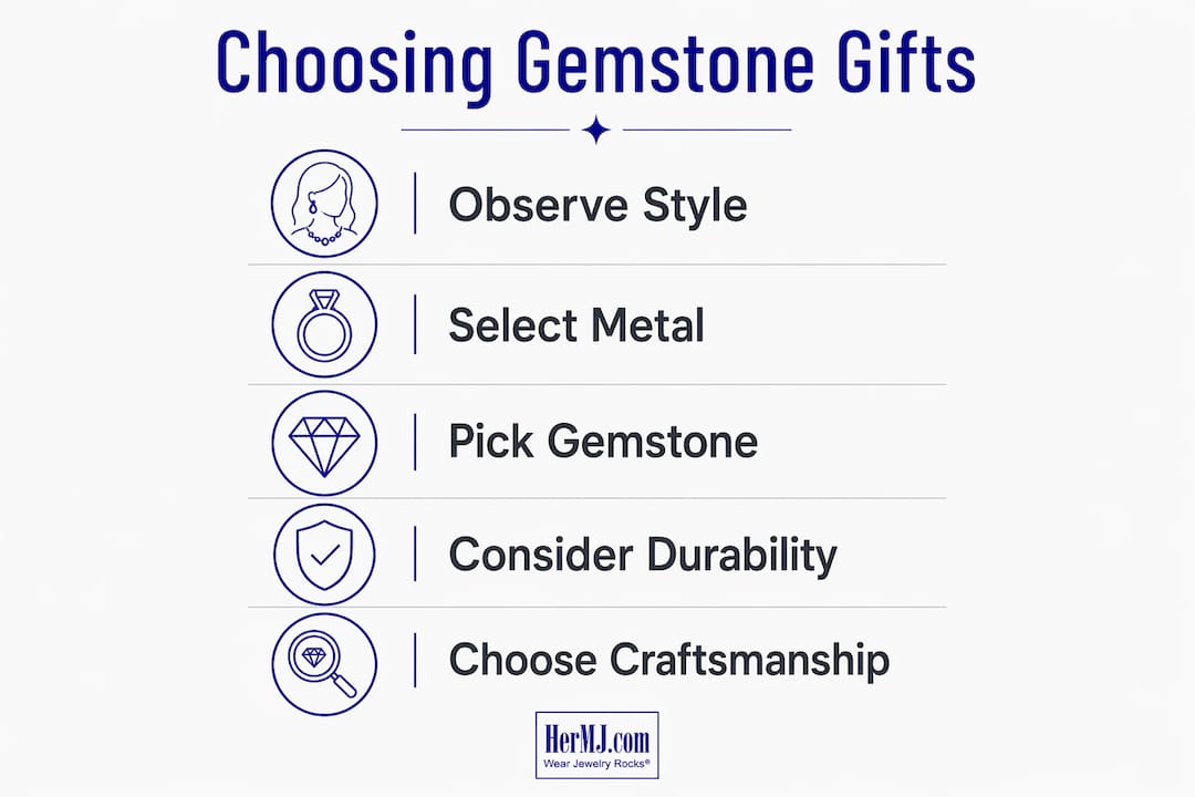 How to Choose Gemstone Jewelry for Holiday Gifting Infographic illustrating steps to choose gemstone jewelry