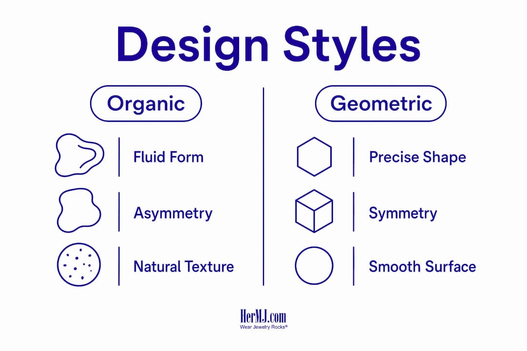 What Is Organic Jewelry Design? A Modern Style Guide Infographic comparing organic and geometric jewelry design styles