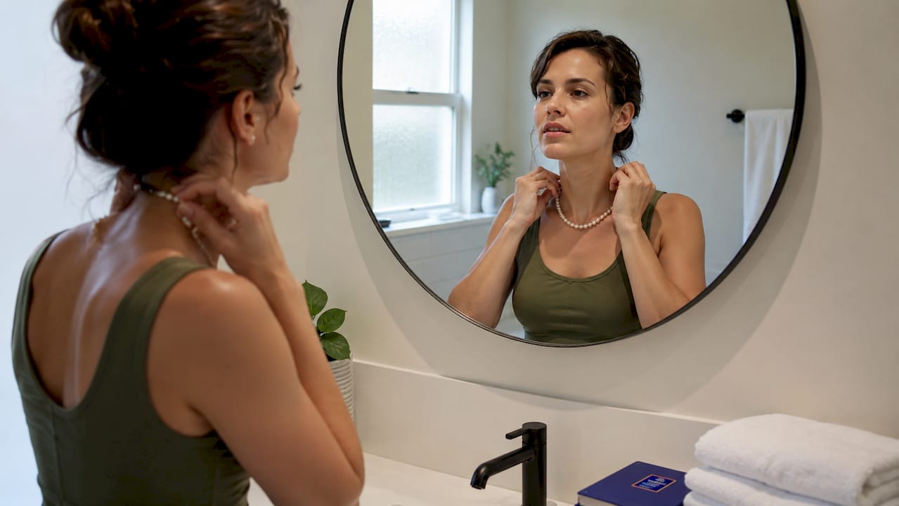 What Is a Signature Jewelry Piece? Your Style Guide Woman wearing a pearl necklace at vanity