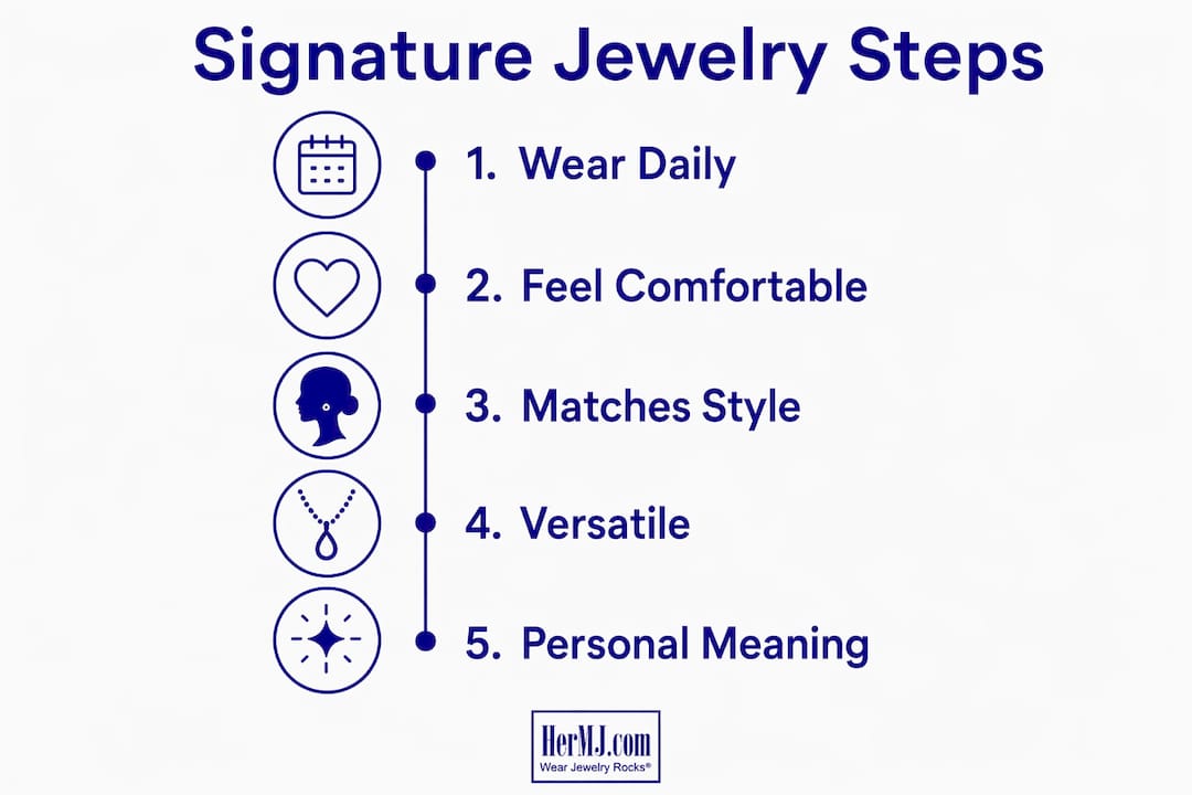 What Is a Signature Jewelry Piece? Your Style Guide Infographic illustrating key steps to identify signature jewelry